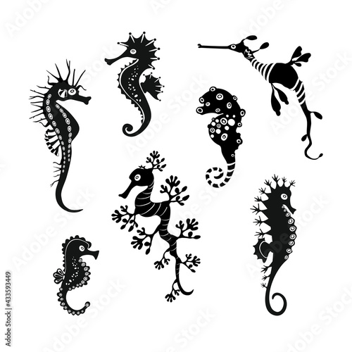 Set cute seahorses icons. Black seahorses with different silhouette on white background. For festive card, logo, children, pattern, tattoo, decorative, creative concept. Vector illustration