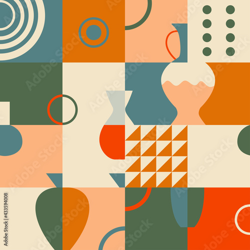 Seamless pattern with ceramic pottery. Geometric background in retro mid century style. Trendy design for wallpaper, textile design, packing, fabric. Vintage classical colors.