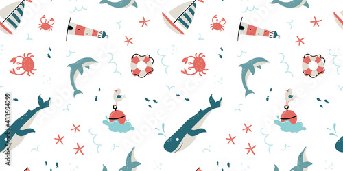 Cute hand drawn marine seamless pattern, lovely creatures, lighthouse, ship and decoration, background, great for children's textiles, banners, wallpapers, wrapping, swimsuits - vector design