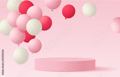 Holiday design template. Festive background with pink, red and white flying balloon and empty pink round podium. Vector stock illustration.	
