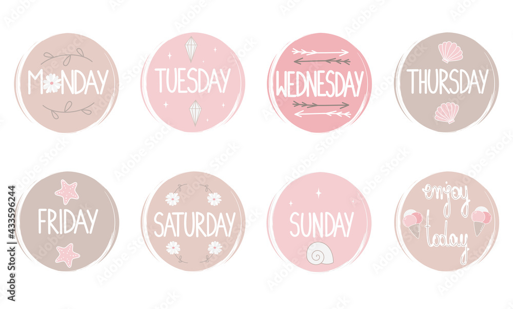 cute vector set of logo design templates, icons and badges for social media highlight in boho style with days of the week cute vector set of logo design templates, icons and badges for social media highlight in boho style with days of the week