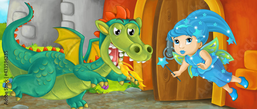 Cartoon queen and dragon near castle illustration