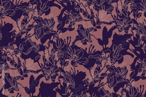 Vector modern seamless pattern with mix of silhouettes and outline of Lily flowers drawn by hand in dark brown halftones and shadows. Home textile, wallpaper, fabric, bedding, package.