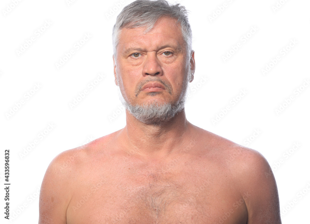 portrait of naked tanned old man isolated on white background portrait of naked tanned old man isolated on white background