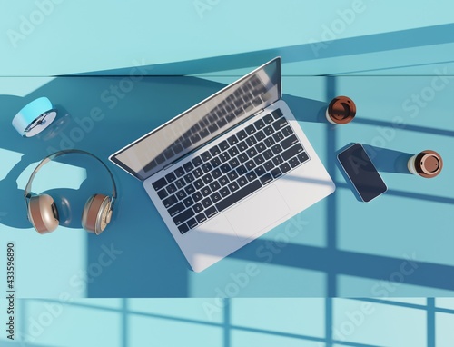 Laptop top view on desk scene 3D rendering technology wallpaper backgrounds
