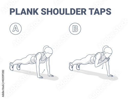 Plank Shoulder Taps Woman Home Workout Exercise Guidance. Female Doing Shoulder Touches from Plank.