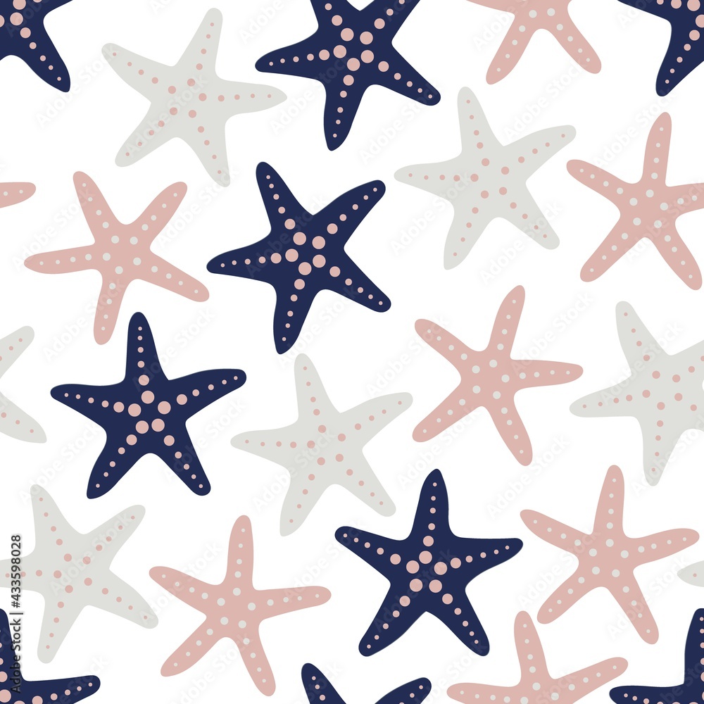 Starfish seamless pattern. Hand drawn various shapes. Modern illustration in vector. Trendy colors for sea wallpaper, print, textile, scrapbooking, cover design. Endless tile marine design.