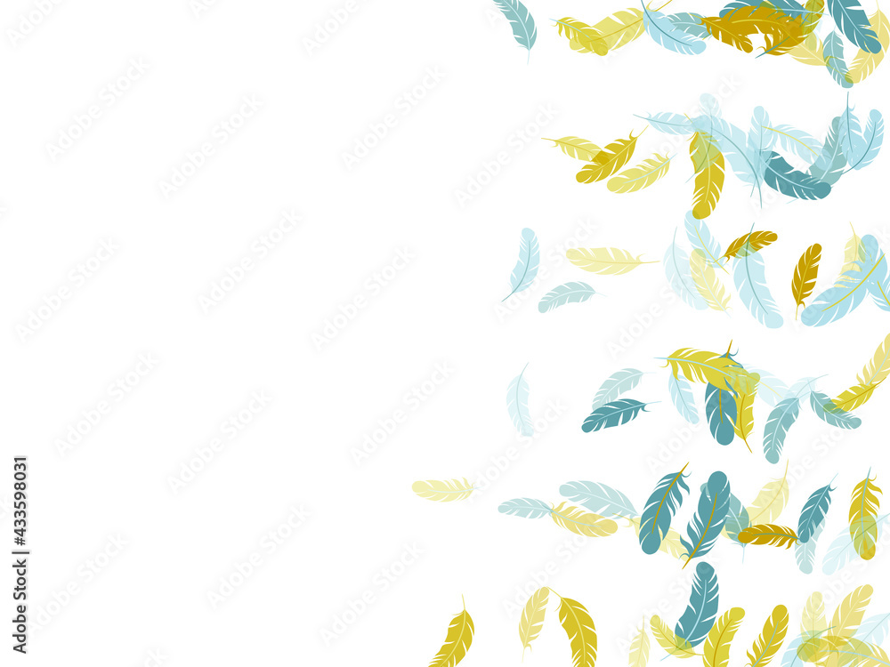 Obraz premium Simple silver gold feathers vector background. Smooth plumelet tribal ornate graphics. Flying feather elements airy vector design. Plumage trendy fashion shower decor.