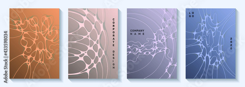 Scientific vector covers with molecular structure or nervous system cells. Bent curve lines torrent backdrops. Delicate brochure vector layouts. Anatomy, biology, medicine covers.