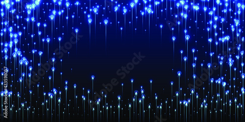 Abstract vertical line beams fiber optics vector. Geometric neon blue radiance particles. Electronic technology vertical lines visual illustration. Fiber optics advanced backdrop.