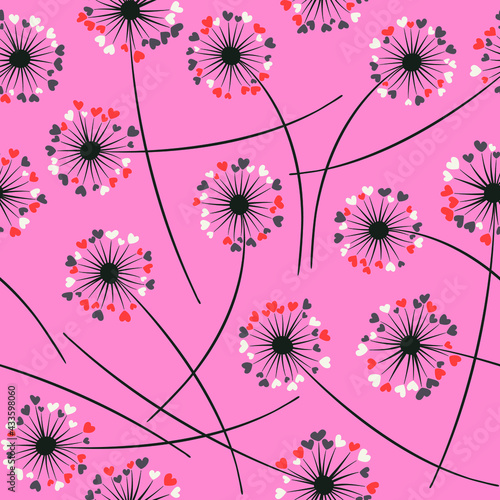 Cute dandelion blowing vector floral seamless pattern. May flowers with heart shaped fluff flying. Vector dandelion herbs meadow flowers floral background. Meadow blossom textile print graphics.