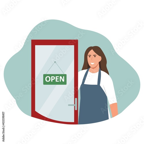 Woman opens a door in cafe, shop,store,bakery.Opening doors after coronavirus pandemic, reopening concept.Welcome back after pandemic.Vector illustration