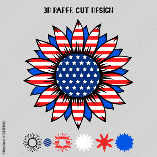 4th of July 3D Sunflower with USA flag. Vector patriotic symbol. Layered sunflower paper or laser cut template, printing on t-shirt,sublimation. For card, banner, flyer. Independence Day.