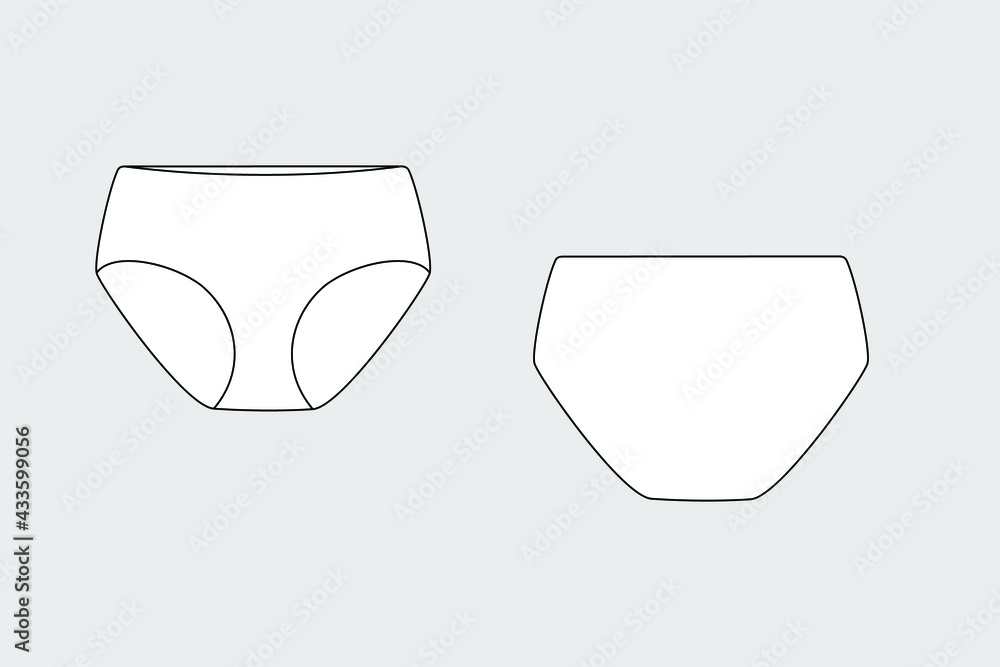 Lingerie briefs, underpants. Female vector template isolated on a grey  background. Front and back view. Outline fashion technical sketch of  clothes model. Stock Vector