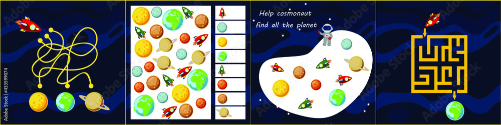 Kids mini games for development. Space maze. I spy. Count the planet. Colorful vector illustration in flat style.