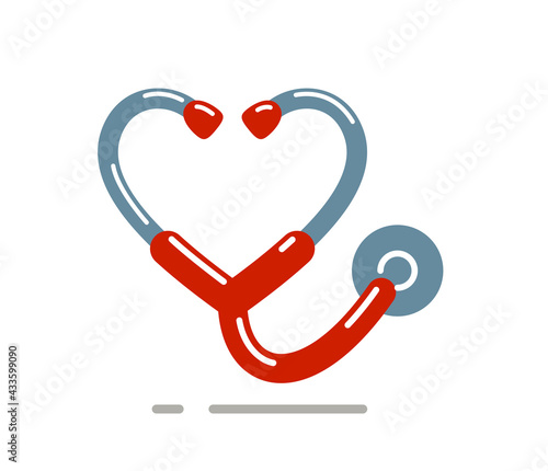 Heart shaped stethoscope vector simple icon isolated over white background, cardiology theme illustration or logo.