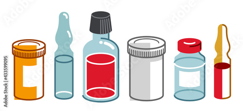 Set of medical bottles and vials vector flat style illustration isolated over white, meds drugstore concept, apothecary prescription medicament flagons and ampules.