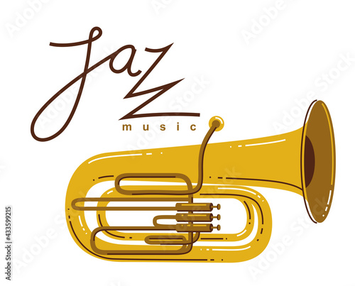 Jazz music emblem or logo vector flat style illustration isolated, tuba logotype for recording label or studio or musical band.