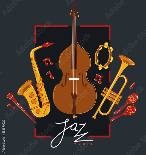 Jazz music band poster different instruments vector flat illustration on white, live sound festival or concert advertising flyer or banner, play different instruments orchestra.