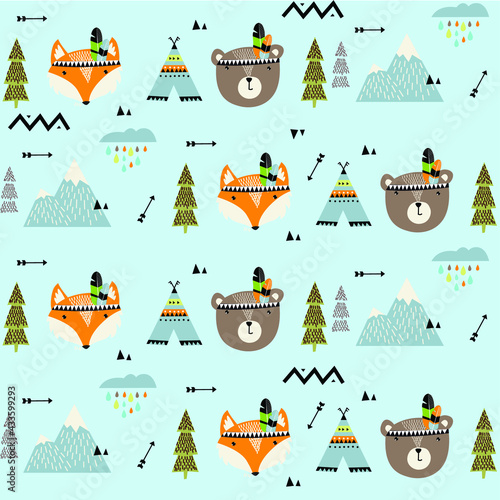 Scandinavian pattern. Animals, fox, bear, wigwam, mountains, ascetic