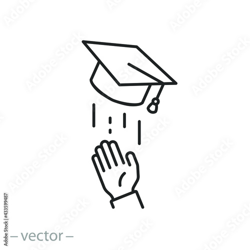 student throws up graduation cap in the air, flying academic hat in the sky, university award icon, thin line symbol on white background - editable stroke vector eps10