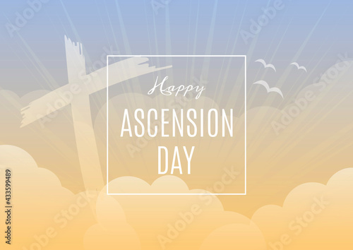 Happy Ascension Day vector. Religious heavenly background with crucifix. Sunny blue sky background vector. Jesus Christ's ascension into heaven vector. Christian holiday. Important day