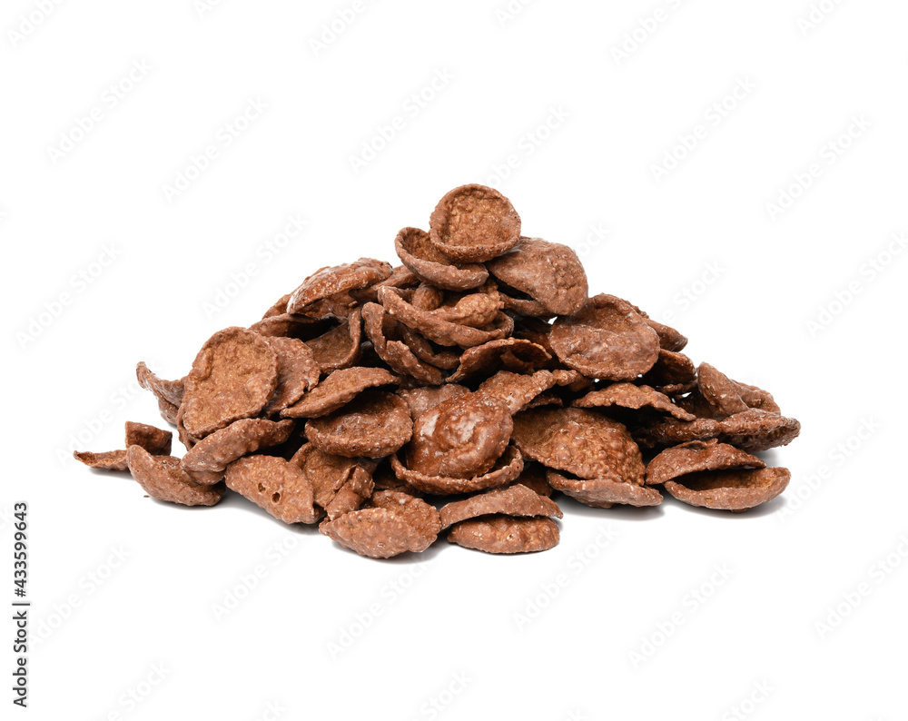 pile of chocolate cornflakes isolated on white background, dry morning breakfast pile of chocolate cornflakes isolated on white background, dry morning breakfast
