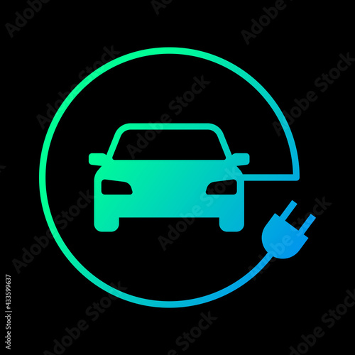 Electric car with plug icon symbol, EV car, Green hybrid vehicles charging point logotype, Eco friendly vehicle concept, Isolated on black background, Vector illustration