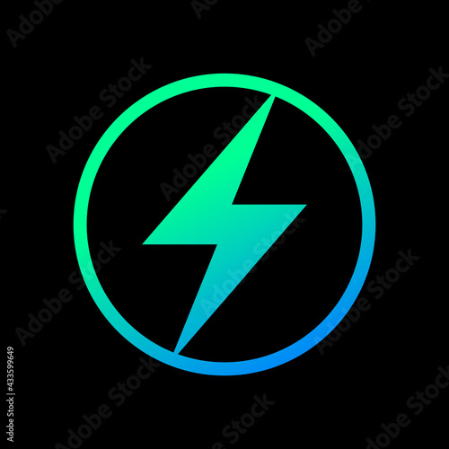 Lightning electric icon, Bolt circle symbol, Power charging energy sign, Isolated on black background, Vector illustration
