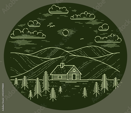 Cabin in grasslands and meadows with pine trees linear vector nature illustration on dark, log cabin cottage for rest, holidays and vacations theme line art drawing, woodhouse resort.
