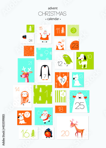 Christmas advent calendar, cute holiday season decoration xmas day celebration. Santa, bullfinch, bear, deer, backgrounds, patterns. EPS10 vector.