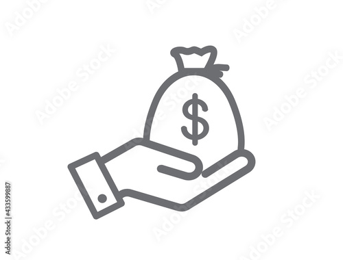 Money bag in hand icon. Gives money icon icon isolated on white background. Vector illustration.