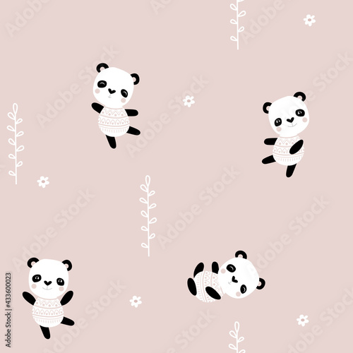 Pink background with cute pandas. Cartoon pandas.