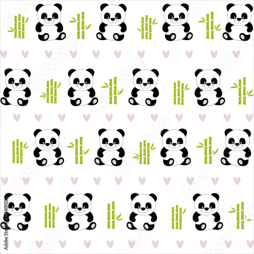 White background with cute pandas and bamboo. Cartoon pandas.