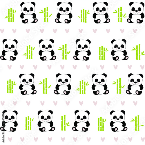 Vector white background with cute pandas and bamboo. Cartoon pandas.