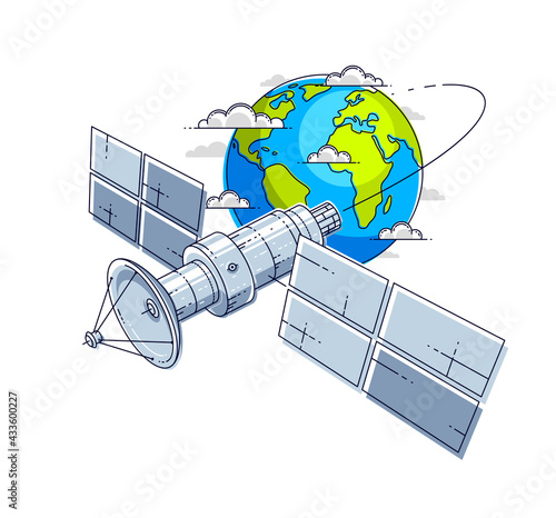 Communication satellite flying orbital spaceflight around earth, spacecraft space station with solar panels and satellite antenna plate. Thin line 3d vector illustration.