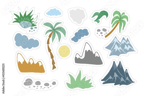 Islands palm trees mountains stickers set tropics vector print clouds sun grass stones shore. Nature travel