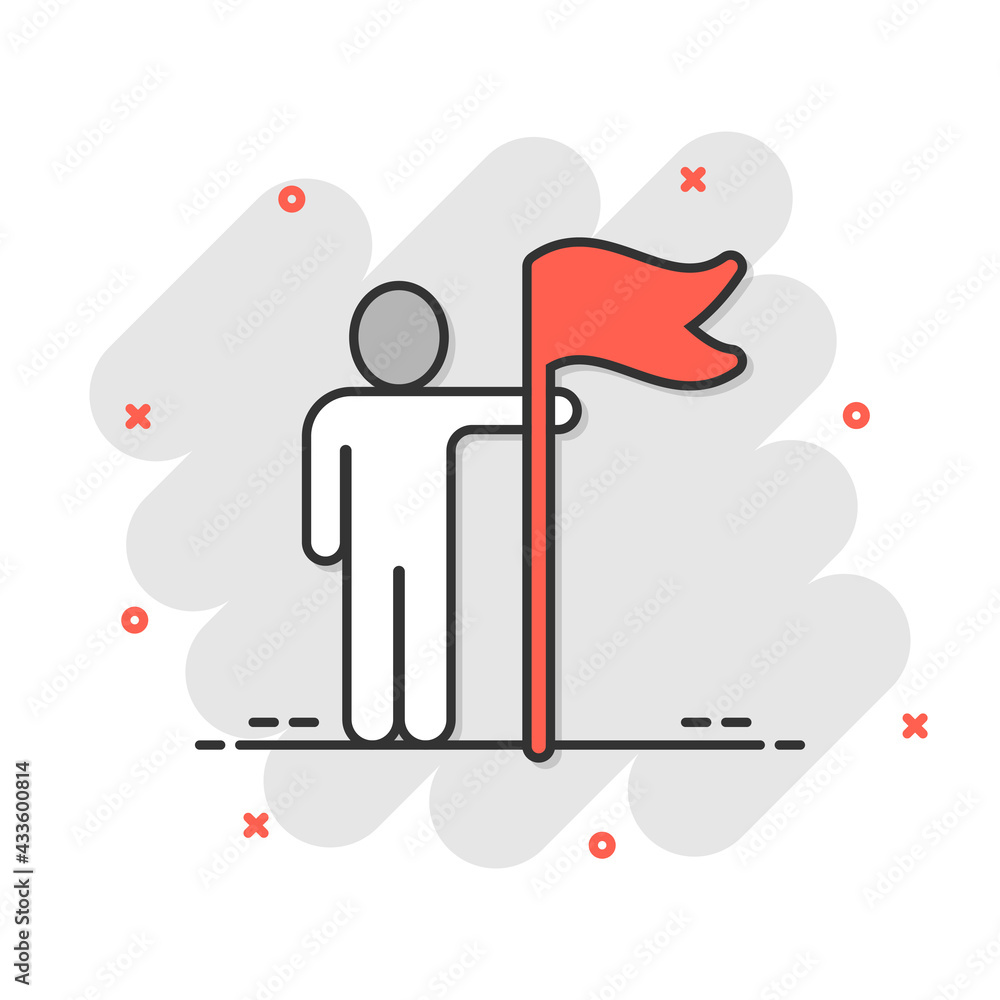 People with flag icon in comic style. Victory cartoon vector illustration on white isolated background. Achievement splash effect business concept. People with flag icon in comic style. Victory cartoon vector illustration on white isolated background. Achievement splash effect business concept.