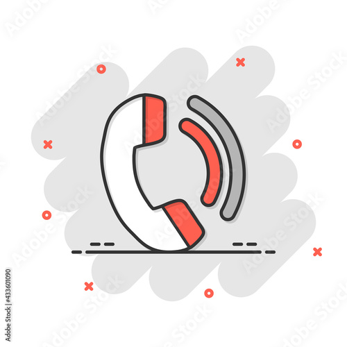Phone icon in comic style. Telephone call cartoon vector illustration on white isolated background. Mobile hotline splash effect business concept.