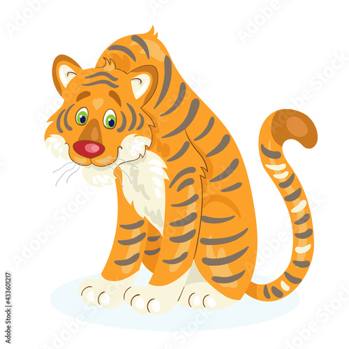 Big adult tiger is sitting. In cartoon style. Isolated on white background. Vector flat illustration.