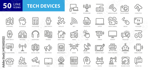 Set of 50 Device and technology web icons in line style. Computer monitor, smartphone, tablet and laptop. Vector illustration