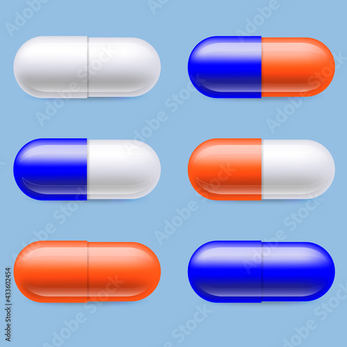 Realistic pills. Medicine tablets round vitamins and capsule drugs, different healthcare pharmacy. Vector pharmaceutical dosage cure medicines set