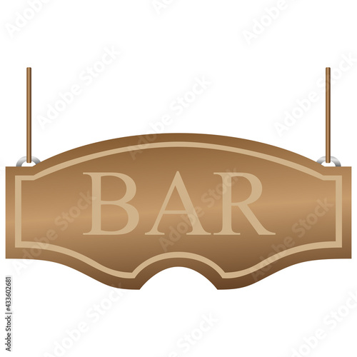 Bar signboard. Curly wooden signboard hanging on the ropes. Vector illustration isolated on white