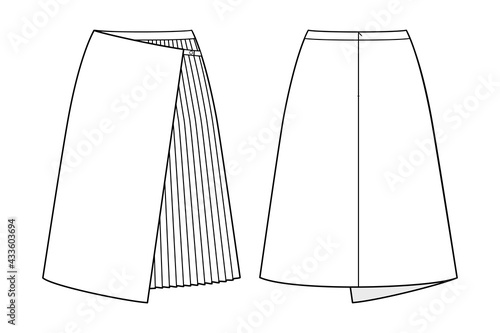 Fashion technical drawing of the pleated wrap skirt. Fashion flat template.