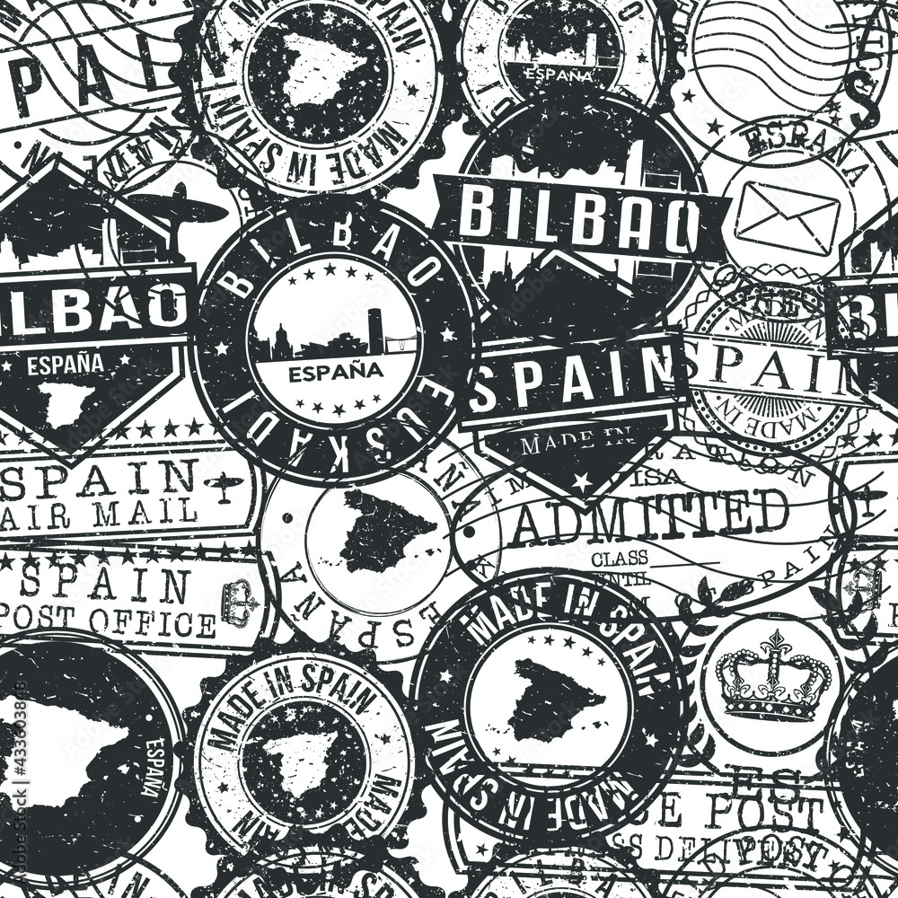 Obraz premium Bilbao Spain Stamps Background. City Stamp Vector Art. Postal Passport Travel. Design Set Pattern.