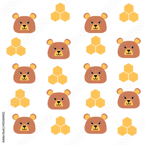 vector pattern with bear and honeycomb. flat pattern image with cute bears and bees