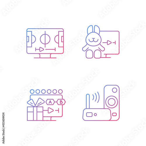 Broadcast services gradient linear vector icons set. Cartoons, sports, TV shows streaming. Wi-Fi connection. Thin line contour symbols bundle. Isolated vector outline illustrations collection