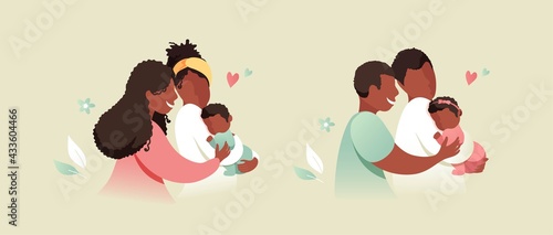 Vector Illustration Of Happy Gay Male and Female Couples Holding Adopted Babies In Arms. Lesbian and Gay Parents concept.