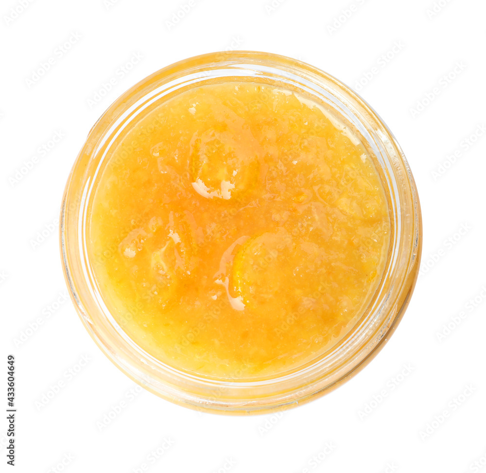 Delicious kumquat jam in glass jar isolated on white, top view Delicious kumquat jam in glass jar isolated on white, top view