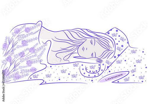 Girl sleeping in bed with abstract lavender floral print. Graphic illustration. Used to advertise pastel linen and fabrics 